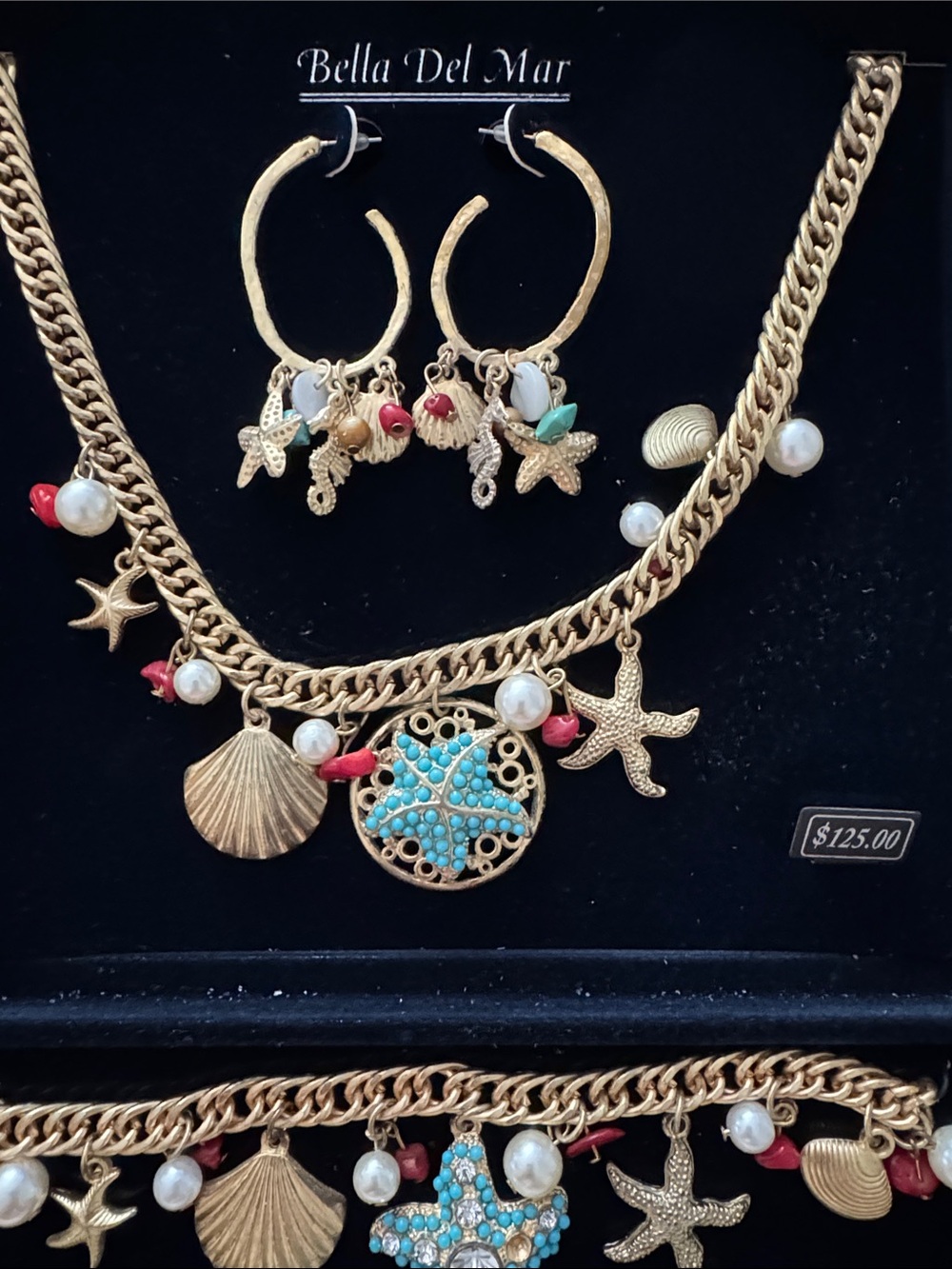 Bella D. Gold-tone Coastal Charm Necklace Set with Turquoise and Pearl Accents